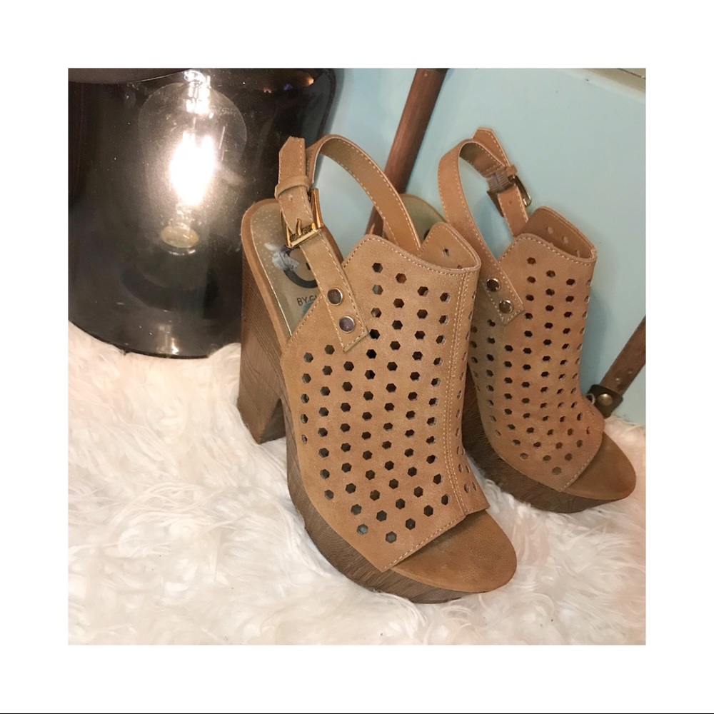 G By Guess Perforated Cage Block Heel Sandals 7